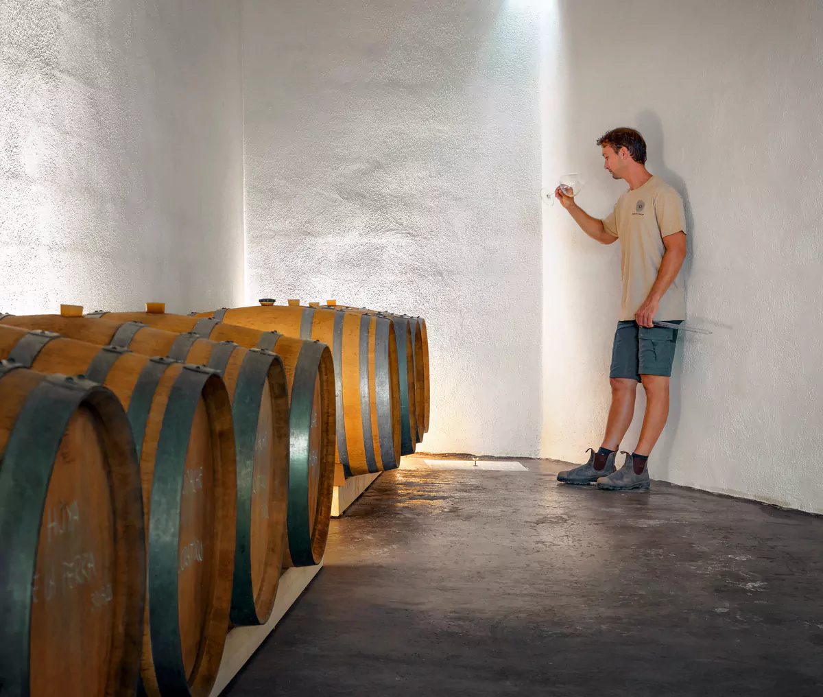 La nave de barricas de la bodega, con David Fernández al fondo